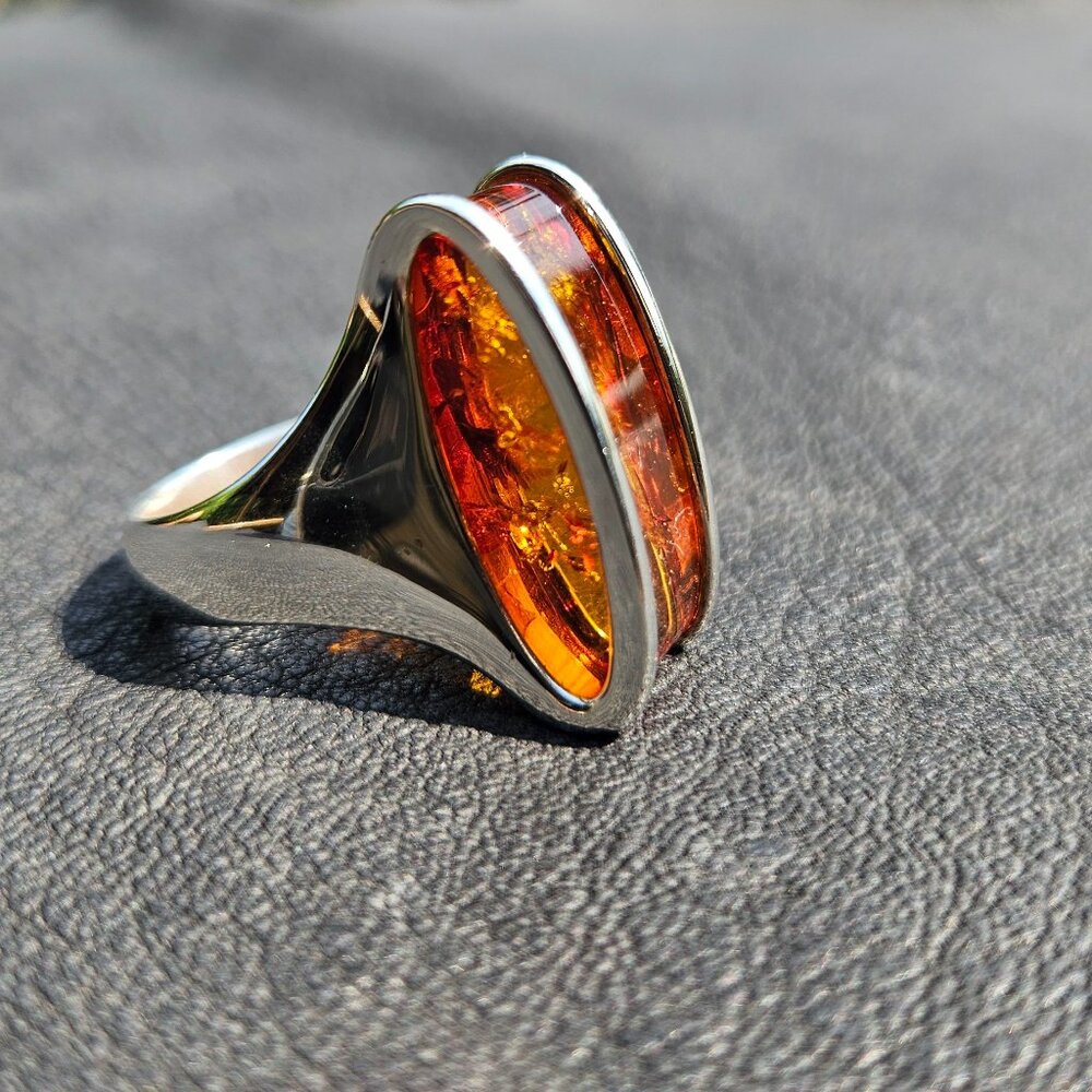 Modern Art Sterling Silver and Fiery Amber Ring